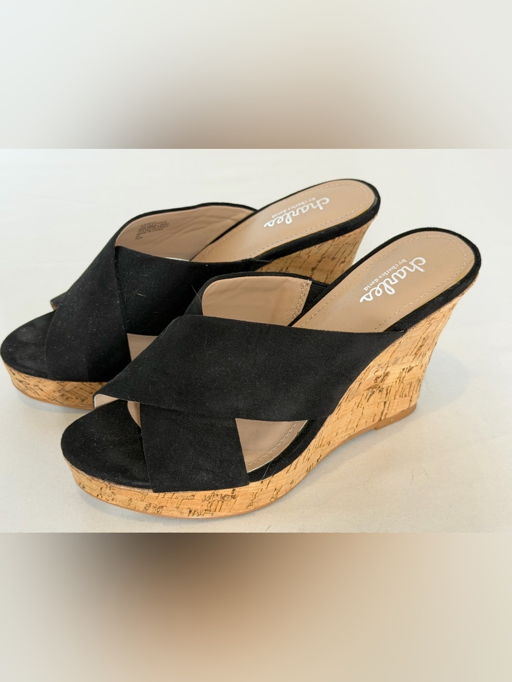 Charles Black Suede Cork Wedge Mules